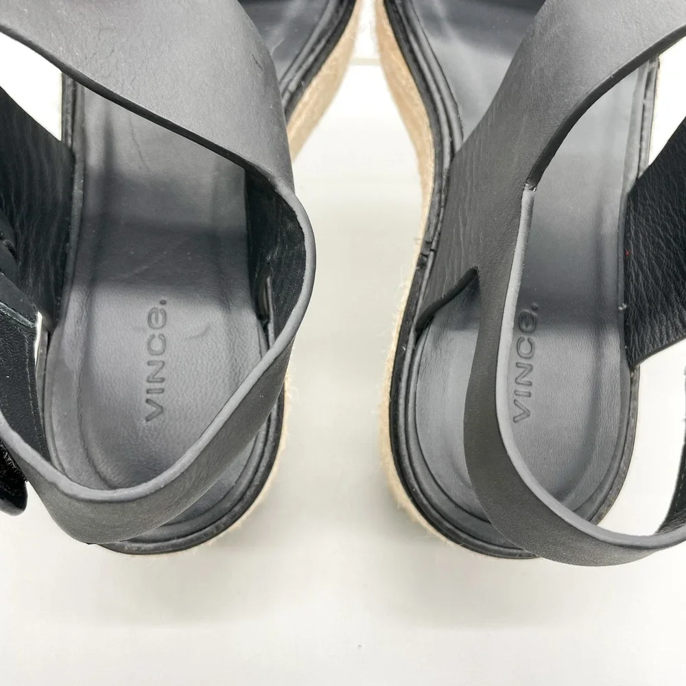 Vince Womens 10M Janet Espadrille Platform Sandals Black Leather Jute Wedge Boho